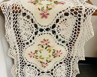 AMT Beautiful 100% Cotton Handmade Crochet Lace with Embroidered Floral Ribbon Decorative Table Runner/Dresser Scarf - Beige