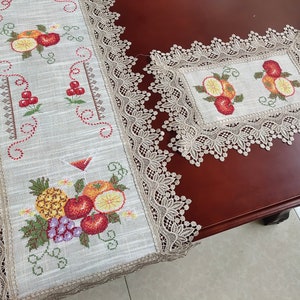 Elevate Your Home Decor with Our Elegant Vintage Lace Cross Stitch Fruit Embroidered Linen Table Runner/Dresser Scarf:  White /Beige