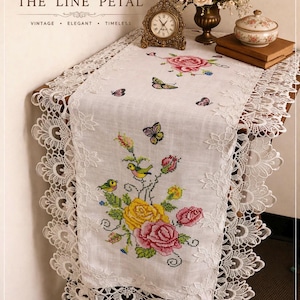 Vintage Lace Table Runner: Floral Rose Cross Stitch, Embroidered Bird & Butterfly