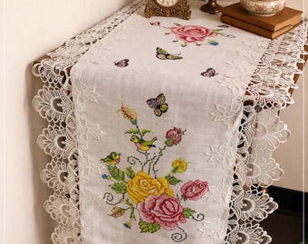 Vintage Lace Table Runner: Floral Rose Cross Stitch, Embroidered Bird & Butterfly