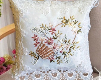 AMT Venice Lace with Floral Ribbon Embroidered Decorative Throw Pillow/Cushion Cover: 16"x16" White