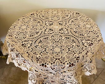 Elegant Vintage Lace Table Topper, European Style, Wedding & Home Decor.34 x 34" Square Beige