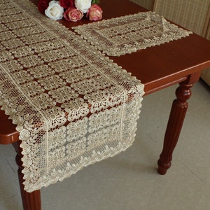 Floral Venice Lace Table Runner: Beige Linen Dresser Scarf