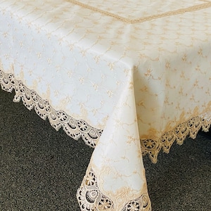 A&MT Decorative Vintage Venice Lace Embroidered Linen Table Cloths,Table Runners- Beige