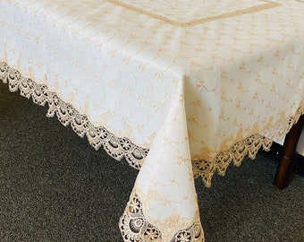 A&MT Nappes décoratives en lin brodées en dentelle de Venise vintage, chemins de table - Beige