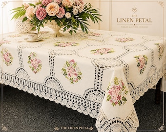 Handmade Crochet Tablecloth with Ribbon Embroidery: Vintage-Inspired Wedding Table Linen