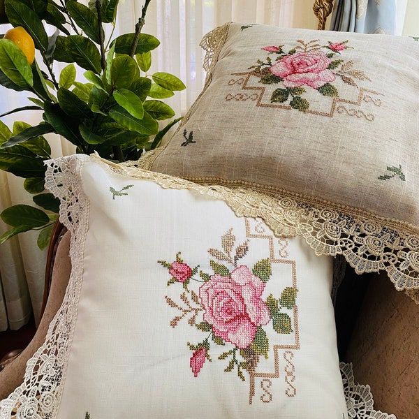 A&MT Vintage Venice Lace with Pink Rose Floral Cross Stitch Embroidered Decorative Throw Pillow/Cushion Cover: 16"x16" Beige/White