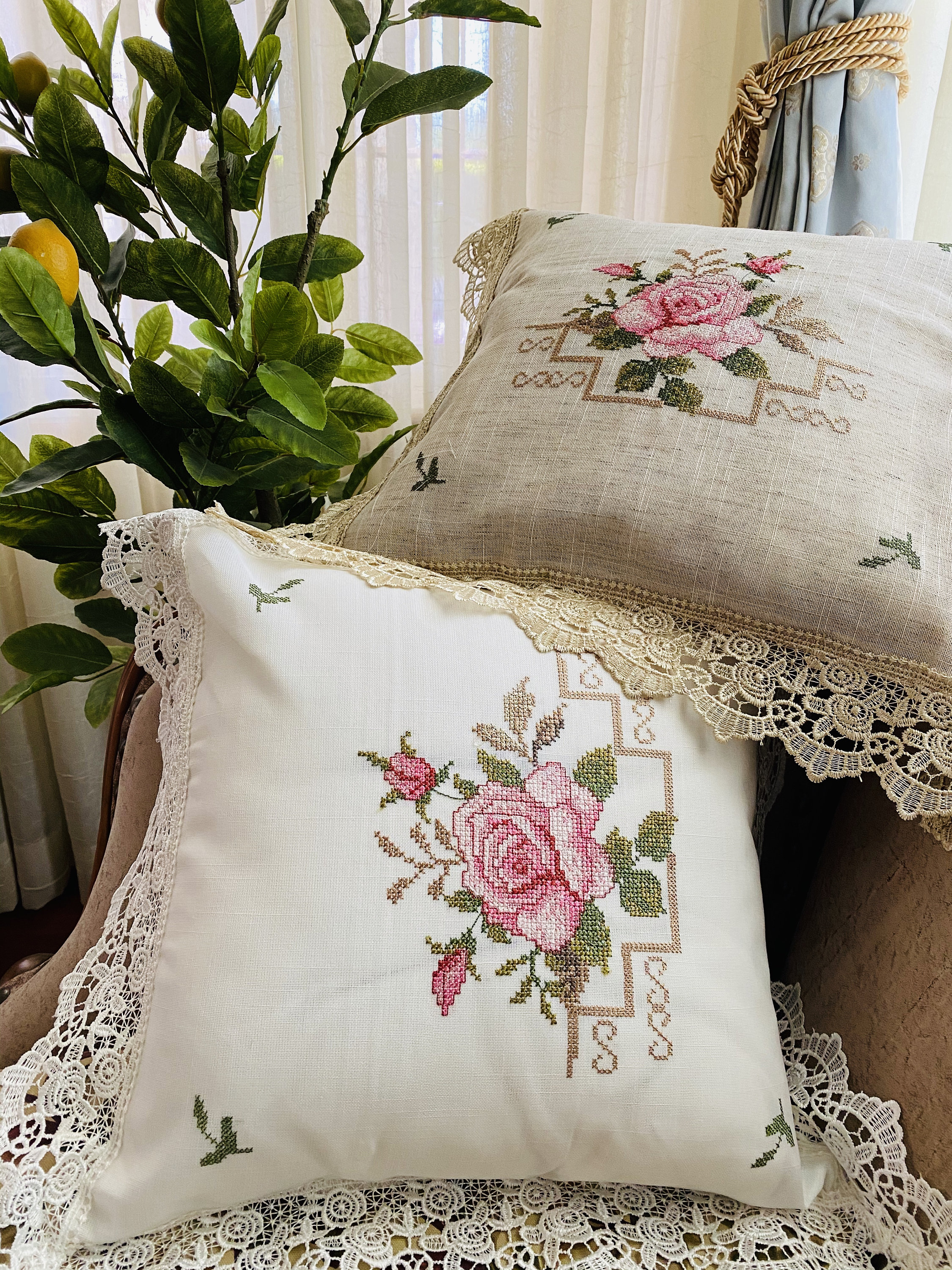 Decorative Sofa Pillows for Couch, Embroider Flower Cotton Pillow