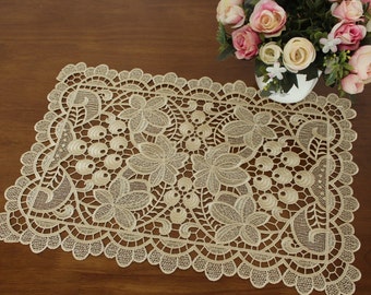 Floral Embroidered Venice Lace Placemats: Elegant Linen Look Table Linens