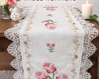 Vintage Lace Table Runner: Embroidered Linen Dresser Scarf - Beige