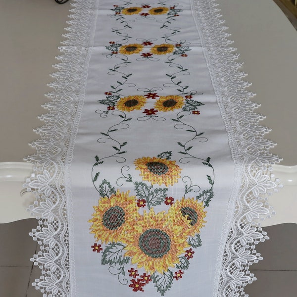 Elevate Your Home Decor with Our Vintage Venice Lace Table Runner  - Featuring Exquisite Cross Stitch Sunflower Embroidery. White,