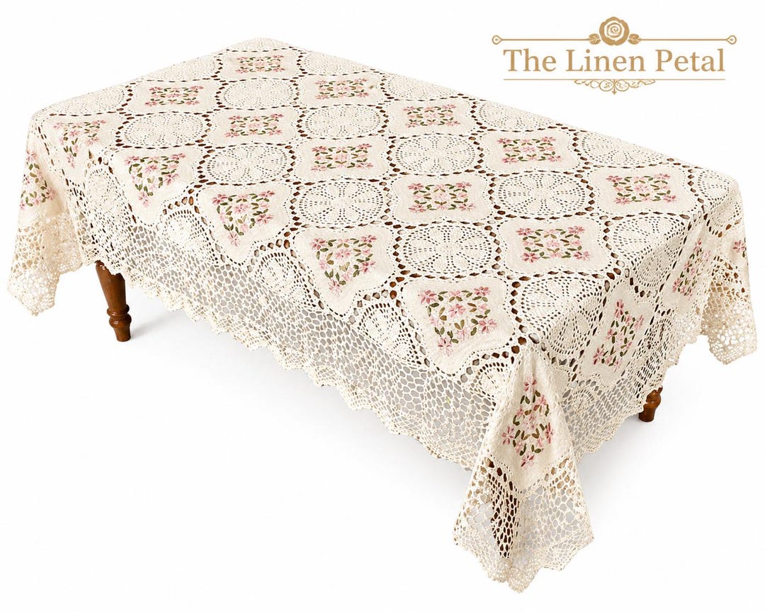 Handmade Crochet Tablecloth With Ribbon Embroidery: Vintage-inspired ...