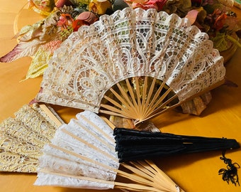 AMT Handmade Cotton Victorian Lace Hand Fan for Wedding Party Favor, Bridal Party Gift or Bridesmaid Gift - Beige/Black/Gold/White/Pink