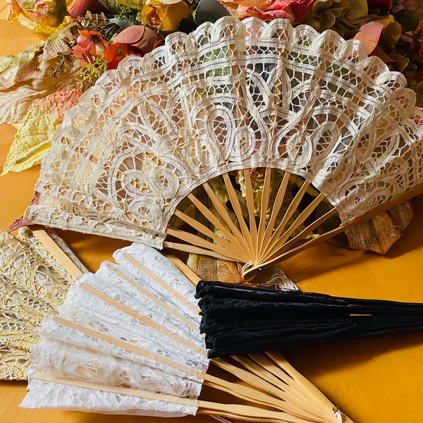 AMT Handmade Cotton Victorian Lace Hand Fan for Wedding Party Favor, Bridal Party Gift or Bridesmaid Gift - Beige/Black/Gold/White/Pink