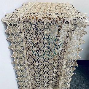 A&MT Luxurious Venice Lace Floral Embroidered Linen Table Runner, Dresser Scarf, Place Mat - Beige