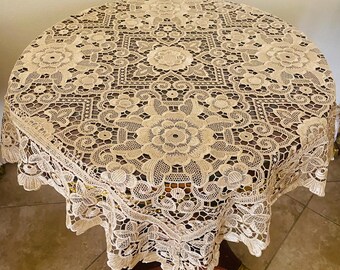 Elegant Vintage Lace Table Topper, European Style, Wedding & Home Decor.34 x 34" Square / Round,Beige