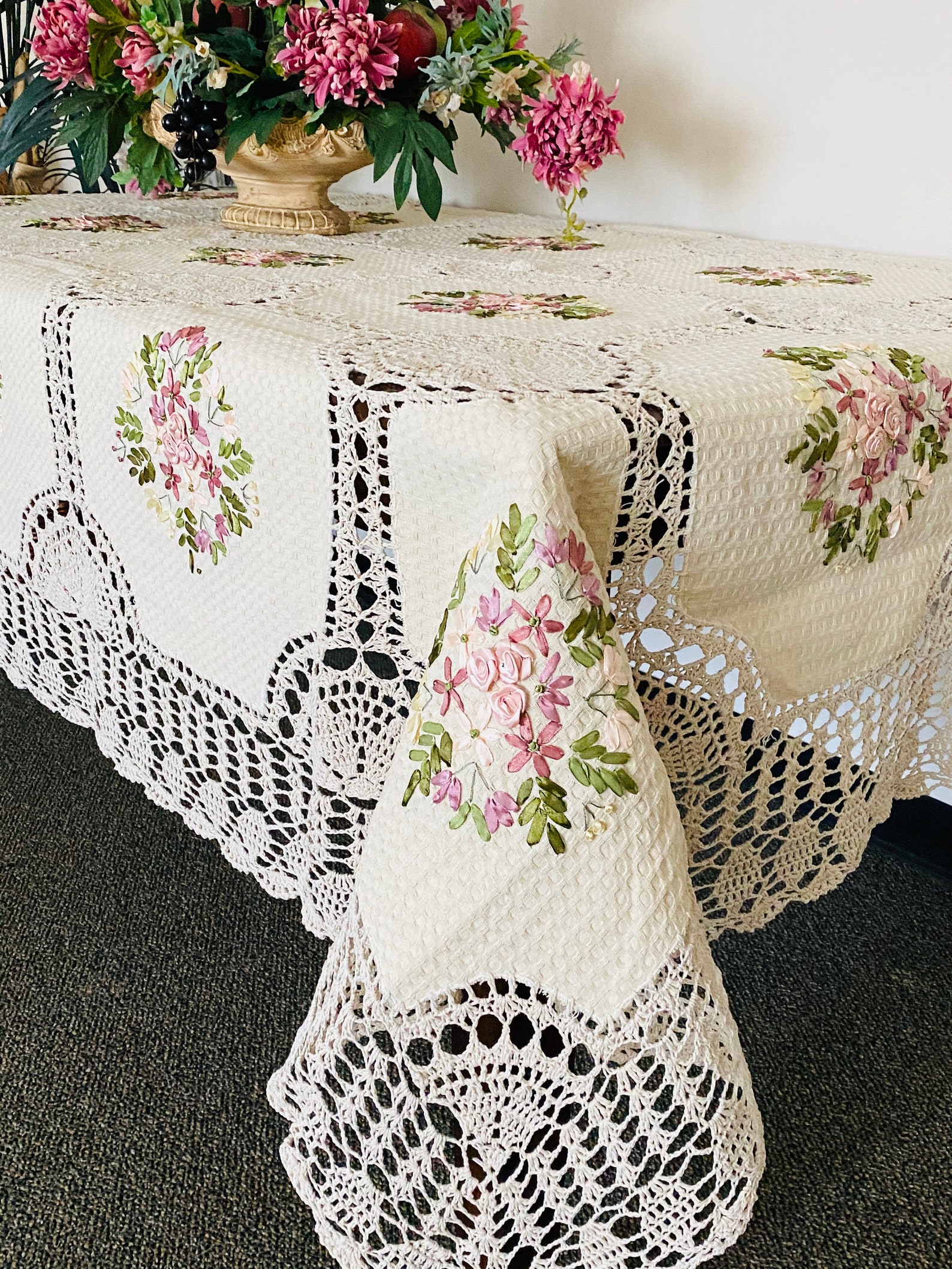 Handmade Cotton Crochet Tablecloth Featuring Attractive Floral Etsy