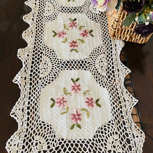 Handmade Crochet Table Runner: Embroidered Pink Floral Ribbon, Beige Cotton Lace