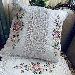 AMT Elegant Personalized Handmade Crochet with Floral Ribbon Embroidered Decorative Throw Pillow/Cushion Cover: 18 "x 18"  Square , White