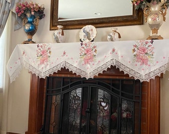 AMT Vintage Lace with Cross Stitch Rose Pink Floral Embroidered Linen Fireplace Mantel Scarf: 19 x 90 " - Beige