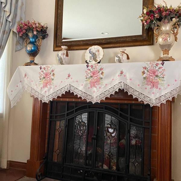 AMT Vintage Lace with Cross Stitch Rose Pink Floral Embroidered Linen Fireplace Mantel Scarf: 19 x 90 " - Beige