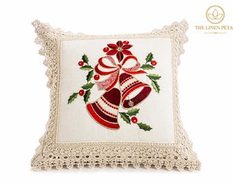 Lace Christmas Bell Embroidered Pillow Cover: Beige Holiday Decor (16"x 16")