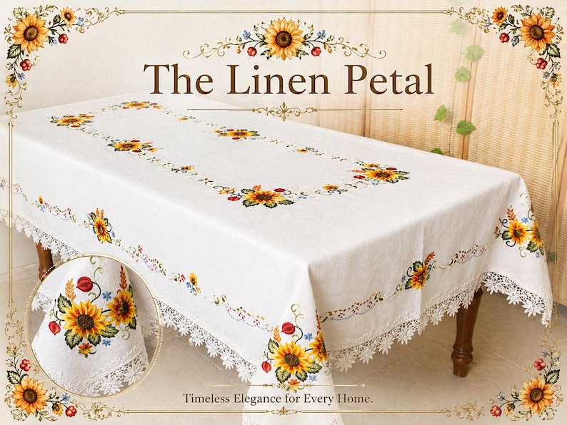 May include: A white rectangular tablecloth featuring embroidered sunflowers and a lace trim. The text "The Linen Petal" is displayed at the top, with "Timeless Elegance for Every Home" at the bottom. The tablecloth is draped over a wooden table.