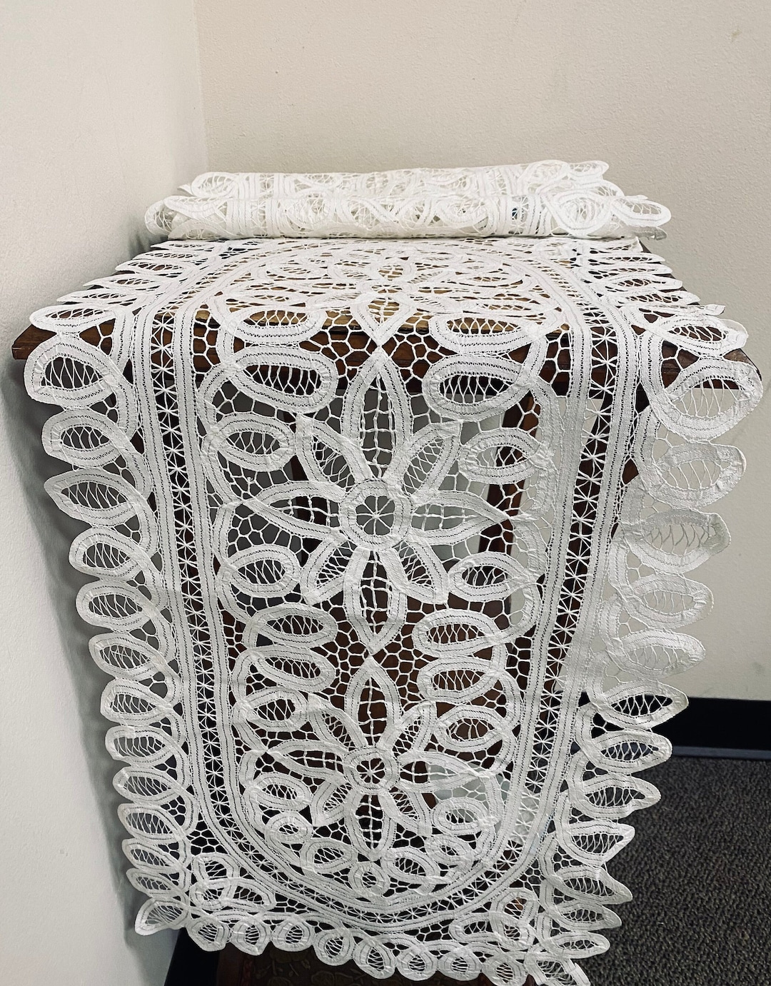 battenburg lace dresser scarves battenburg lace DRESSER scarf- 50" long, white cotton, table runner,  embroidered, vintage