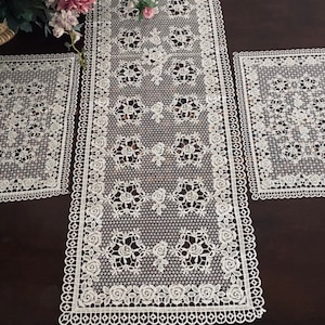 Venice Lace Embroidered Table Runner: White Linen Dresser Scarf