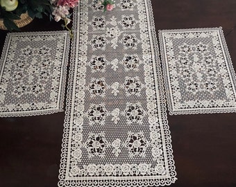 AMT Beautiful Venice  Lace Embroidered Linen Table Runner, Dresser Scarf, Place Mat. White