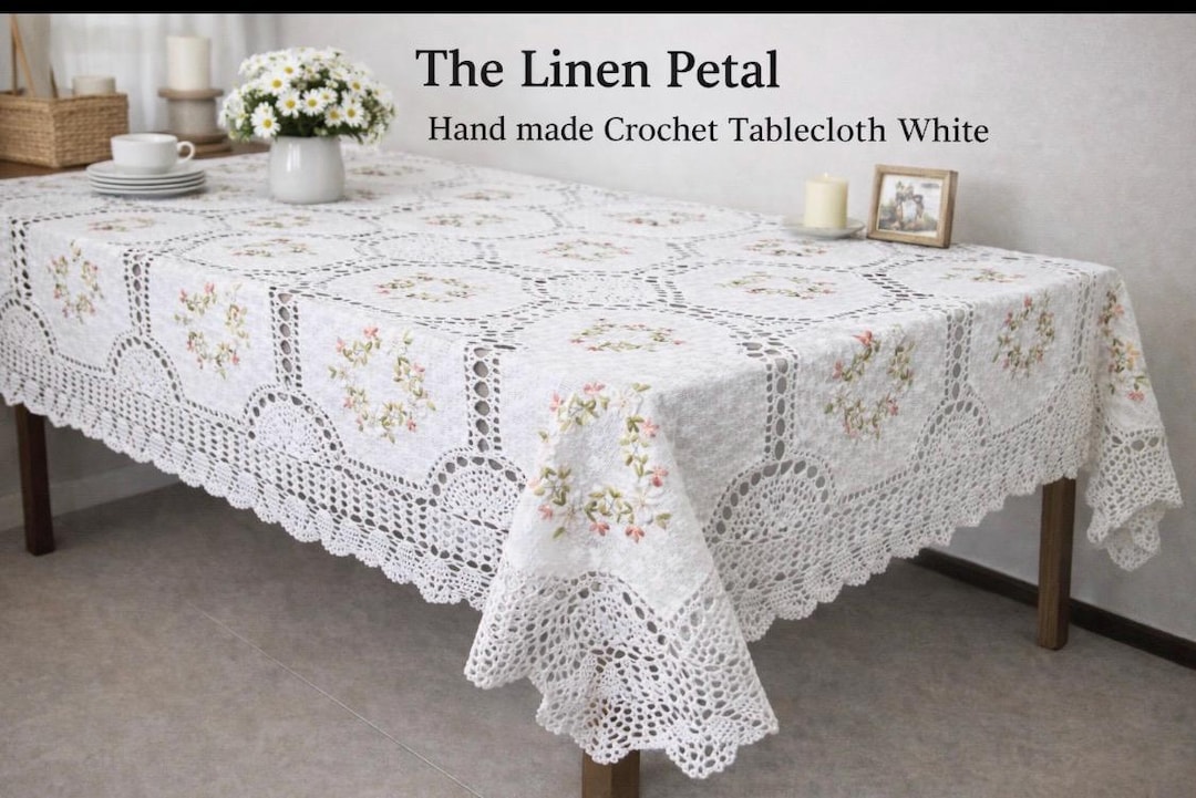 Handmade Crochet Cotton Tablecloth: Ribbon Embroidery, Vintage Wedding ...