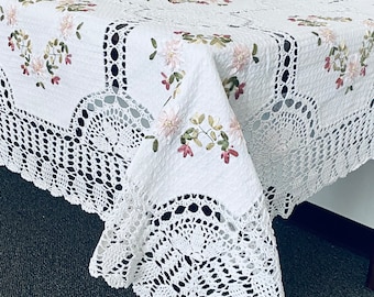 AMT Beautiful 100% Cotton Handmade Crochet Lace with Embroidered Floral Ribbon Decorative Linen Table Cloth - White, 68 x 140 Oblong