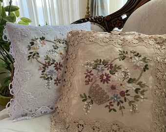 AMT Venice Lace with Floral Ribbon Embroidered Decorative Throw Pillow/Cushion Cover: 16"x16" White/Beige