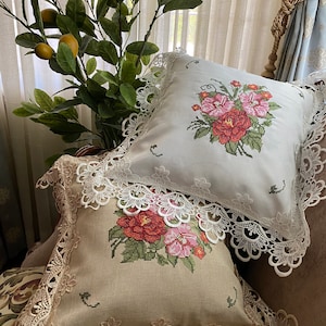 AMT Vintage Venice Lace with Cross Stitch Embroidery Rose Floral Decorative Throw Pillow/Cushion Cover: 16x16&quot; Beige/White
