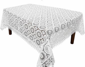 Nappe en dentelle européenne avec broderie luxueuse, style vintage, beige/blanc - Les pétales de lin