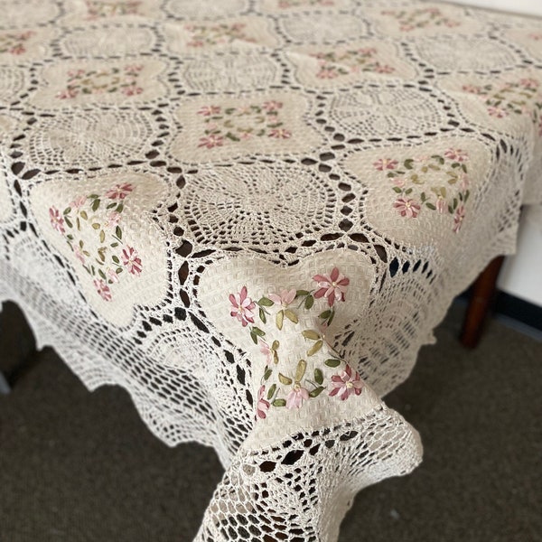 Elevate Your Home Decor with AMT Hand Made Cotton Tablecloth Featuring Beautiful Ribbon Embroidery.