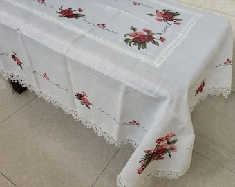 A&MT Elegant Vintage Lace with Cross-stitch Embroidered Linen Tablecloth: Beige