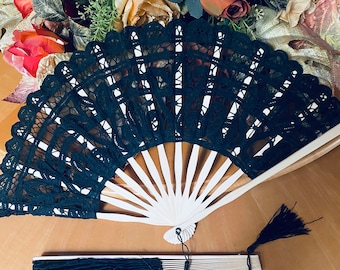 AMT Handmade Cotton Victorian Lace Hand Fan for Wedding Party Favor, Bridal Party Gift or Bridesmaid Gift - Beige/Black/White