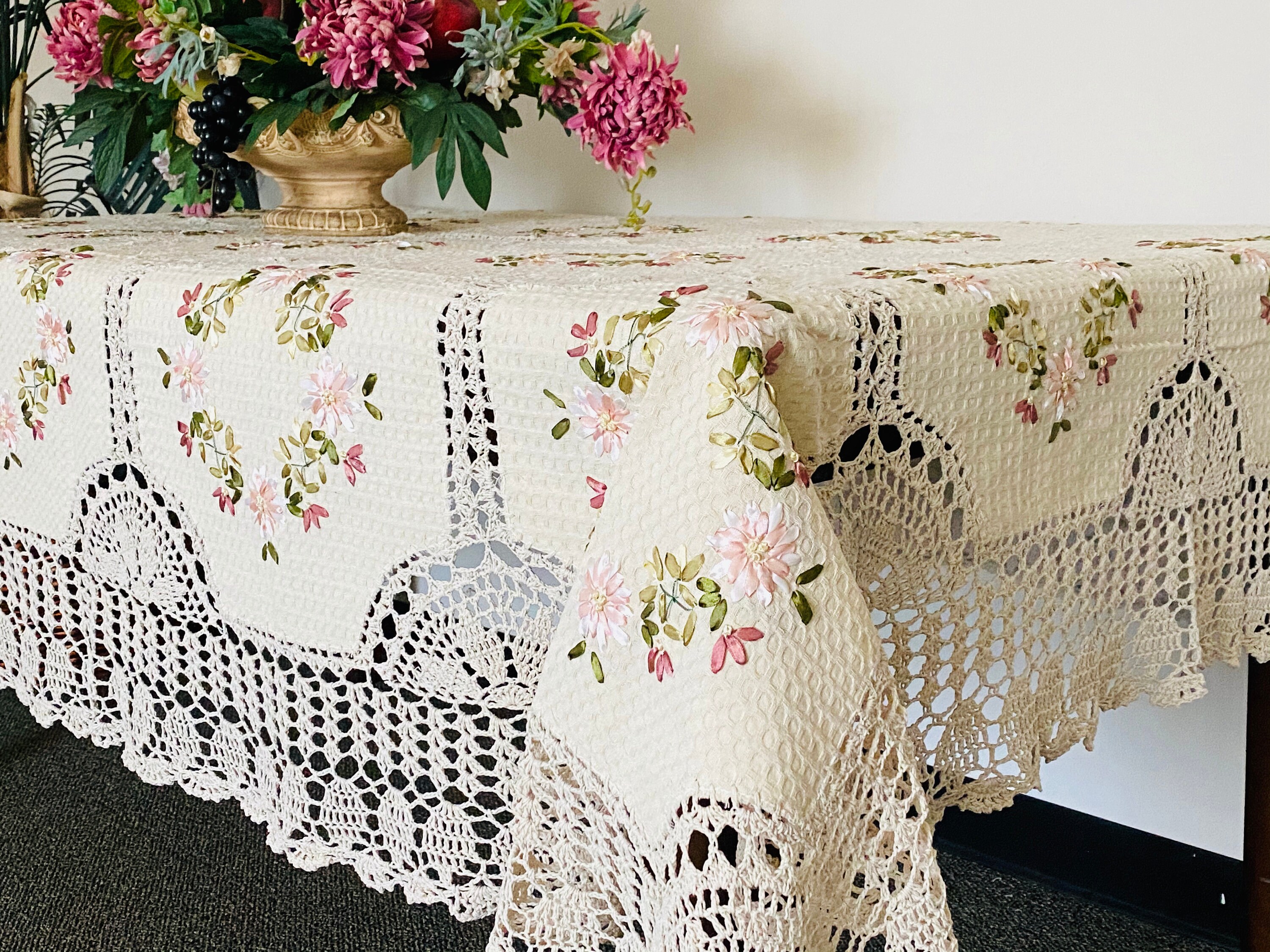 Handmade Crochet Cotton Tablecloth: Ribbon Embroidery, Vintage Wedding ...
