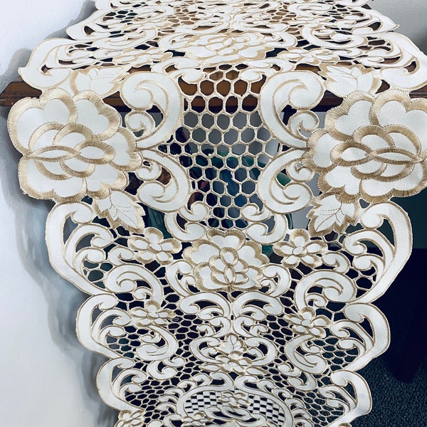 A&MT Golden Cutwork Floral Embroidered Linen Table Runner, Dresser Scarf - Beige
