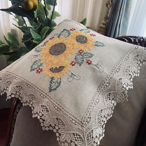 Vintage Lace with Cross Stitch Sunflower Embroidery Home Decorative Pillow/Cushion Cover for Housewarming Gift. White, Beige
