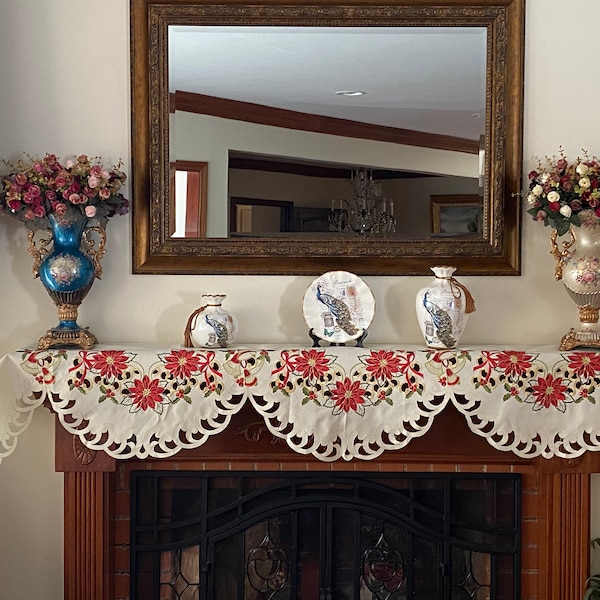 A&MT Vintage Christmas Holiday Floral Poinsettia Mistletoe and Bells Cutwork Linen Fireplace Mantel Scarf - Beige 19"x90"