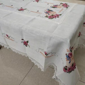 A&MT Vintage Venice Lace with Cross Stitch Floral Embroidered Linen Table Cloth - White/Beige