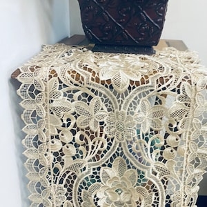 Floral Venice Lace Table Runner: Beige Linen Dresser Scarf