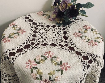 Elevate your home Decor With Elegant Hand made Crochet with Ribbon Embroidered Linen Table topper, Beige 34 x 34" Square /Round