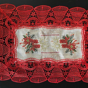 A&MT Vintage Venice Lace Christmas Holiday Candle Bell, Poinsettia Embroidered Placemats: 12x18&quot; Rectangular, Set of 4 Pcs- Red/Beige