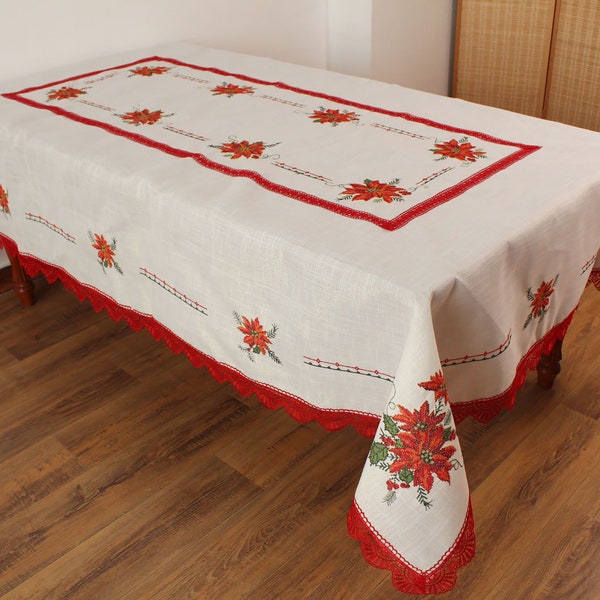 AMT Luxurious Red Vintage Lace  and Cross Stitch Embroidered Christmas Holiday Poinsettia Linen Tablecloth; White / Beige