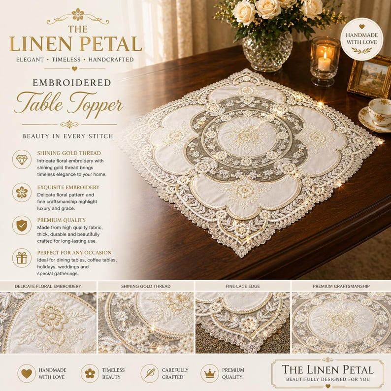 White Table Topper The Linen Petal Vintage Macrame Lace Table Topper: Embroidered Floral ...