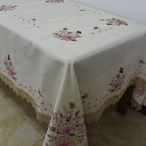 A&MT Vintage Venice Lace with Cross Stitch Pink Floral Embroidered Cutwork Linen Table Cloth - Beige/White