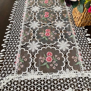 Venice Burano Lace Table Runner: Pink Floral Embroidered Linen, 16x70&quot;